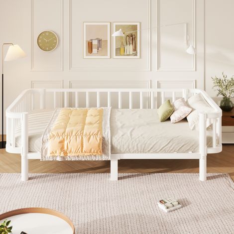 Lit banquette 90 x 200 cm, lit adulte type banquette, sommier à lattes inclus, 1 place, structure fonctionnelle, métal, blanc (1/5)