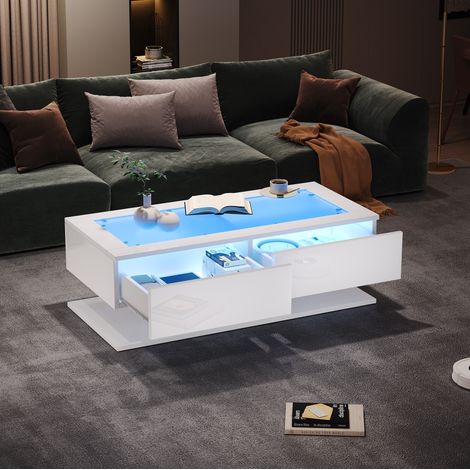 Mesa de centro LED 100 x 50 x 35 cm con 2 cajones, tablero de vidrio templado, blanca HAVRYA (1/5)