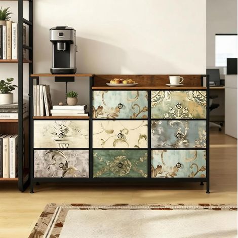 Cómoda vintage (132x88x29 cm), con 8 cajones de tela, USB y Tipo C, metal y madera, multicolor (1/5)