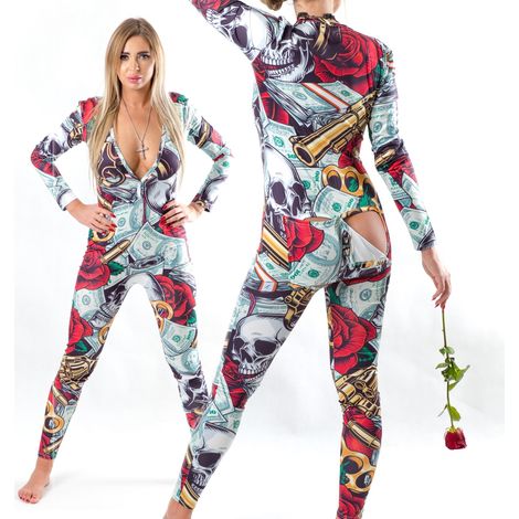 Damenpyjama, Valentinstagsgeschenk für sie, Body mit Klapppistolen-Rosenmotiv, Größe XL