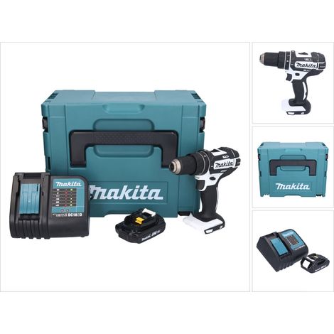 Trapano avvitatore a percussione a batteria Makita DHP 482 SY1JW 18 V 62 Nm bianco + 1 batteria da 1,5 Ah + caricabatterie + Makpac (1/5)