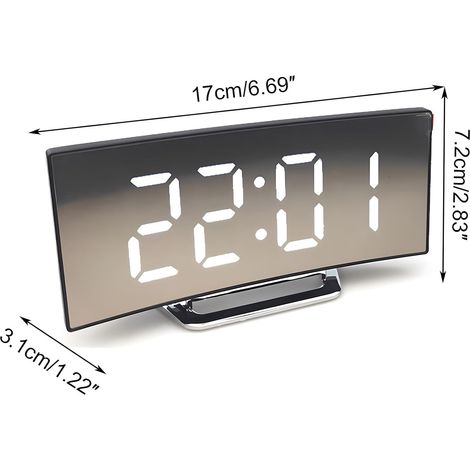 Reloj despertador digital con gran pantalla LED curva y superficie espejada. Formato de 12/24 horas para uso doméstico (blanco). (1/5)