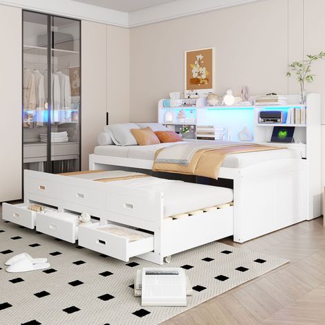 Tagesbett 90×200 cm, Einzelbett mit Verstellbarer LED, 3 Schubladen, USB, Typ C und Ablagen, ohne Matratze, Weiß (1/5)