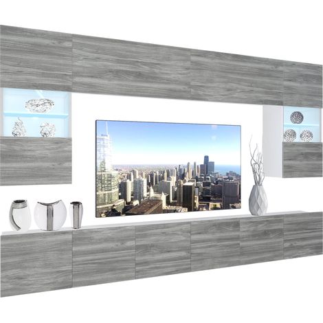Belini – Ensemble meuble TV avec éclairage LED – Dimensions 300 x 180 x 36 cm – Chêne glamour – Meuble-paroi moderne et fonctionnel