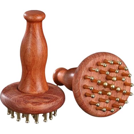 Massaggiatore in legno per terapia, con testina massaggiante in rame a 29 denti, massaggiatore per uso domestico, per il rilassamento del corpo e il sollievo dallo stress, per gambe, braccia, collo e (1/5)