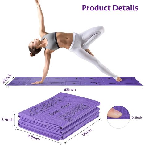 Tappetino yoga pieghevole per donna, tappetino antiscivolo per esercizi, adatto per casa e palestra, inclusa borsa per riporlo, adatto per yoga, pilates e fitness, 173 x 61 cm x 5 mm di spessore, viol (1/4)