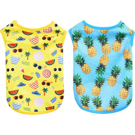 T-shirt hawaïen pour chien, doux, sans manches, respirant, pour chiot, lot de 2, bleu et jaune