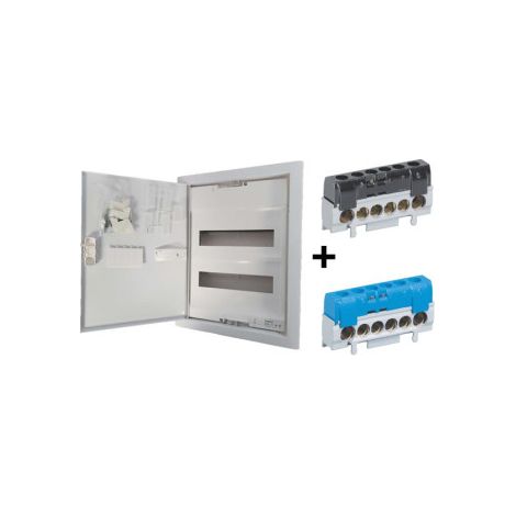 Legrand - Coffret encastru00e9 2x12+2 avec porte mu00e9tal extra plate + Borniers PH et N - Ref. : 001532+004816+004815 (1/5)