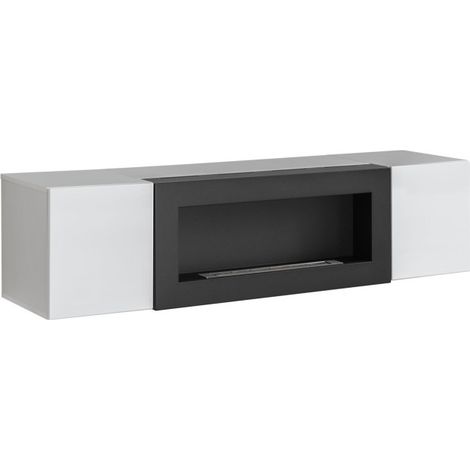 Meuble TV suspendu Fly avec cheminée bioéthanol - Bois MDF gris perle - 160 x 40 x 40 cm - Livraison gratuite (1/3)