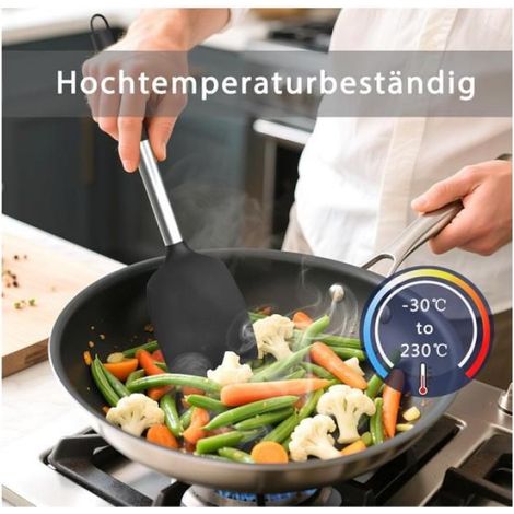 Set de 2 Spatules en Silicone, Manche Inox, Résistance Chaleur 230°C, Ustensiles Cuisine Antiadhésifs, Noir (1/4)
