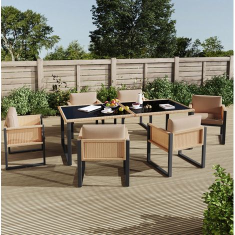 Garten-Essgruppe aus PE-Rattan in Braun/Schwarz, 7-teilig mit Glastisch, 6 Stühlen, Kissen und verstellbaren Füßen (1/5)