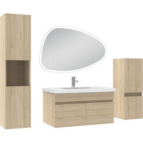 Ocean meubles simple vasque 80cm vasque + colonne + miroir 3 couleurs lumineux Chêne Wotan (1/5)