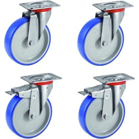 Lot de 4 roulettes pivotantes et pivotantes à frein polyuréthane BLEU-SOFT® 80 mm - 225 Kg (1/3)