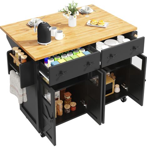 Îlot de cuisine mobile multifonction avec grand rangement, plateau extensible, 5 roulettes dont 2 freinées, mode fixe type buffet, noir, idéal pour cuisine et séjour - CHICFURN (1/5)