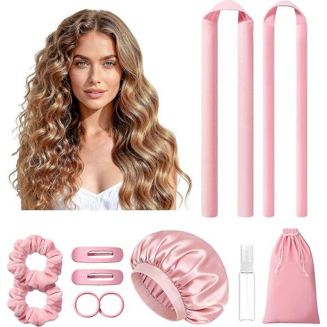 Boucles sans chaleur pour une nuit parfaite, 2 tailles de bigoudis doux pour femmes avec bonnet de nuit, kit de bigoudis sans chaleur avec chouchous et pinces (1/5)