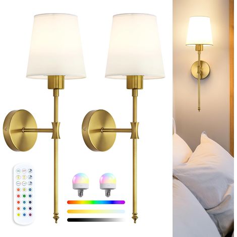 Applique Murale LED sans Fil Lot de 2, Appliques Intérieures Rechargeables, RGB & 3 Températures de Couleur, Hauteur 57 cm, Éclairage d’Ambiance pour Salon, Chambre & Chambre d’Enfant, Dorée VEYA WL04 (1/5)
