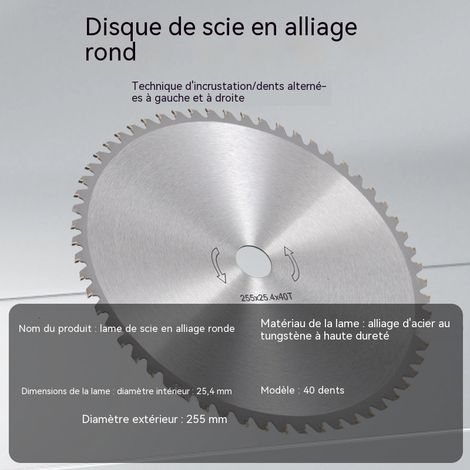 Lame de débroussailleuse en carbure 40 dents sans trous, diamètre 255mm alésage 25.4mm, disque de coupe-herbe alliage pleine, denture alternée gauche-droite