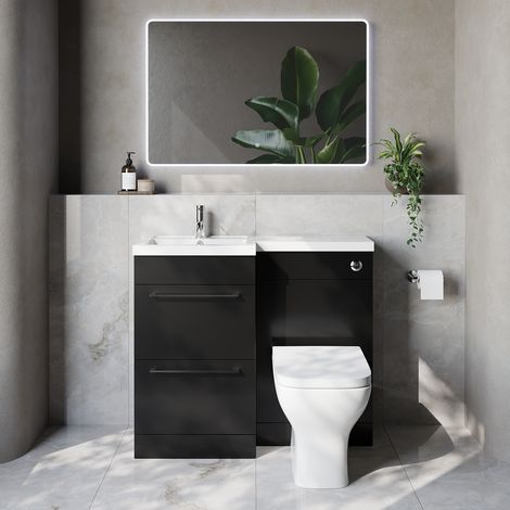 Napoli 390 Matt Black 1000mm 2 Drawer Vanity Unit Toilet Suite with Left Hand Square Lucia Basin - 1000mm - Chrome 320mm HandleWith Kingston Toilet Pan and Seat