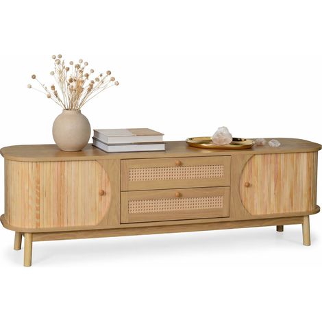 Meuble TV avec portes et tiroirs, façade tressée, rangement 170 cm pour salon, bois clair et MDF, style naturel, pieds en bois, finition chaleureuse CHICFURN (1/5)