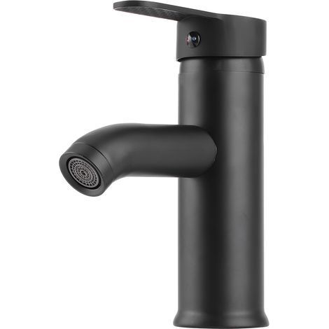 Robinet mitigeur de lavabo en acier inoxydable noir, type bas, avec eau chaude et froide.