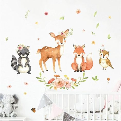 Stickers Mignon dessin animé adorable animal des bois autocollant mural pour enfant amovible raton laveur cerf renard hibou sticker mural bricolage décoration pour chambre d'enfant bébé garçon fille c (1/5)