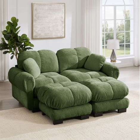 Divano a 2 posti 4 moduli  con pouf mobile verde in ciniglia con impunture e cuscini spessi (1/5)