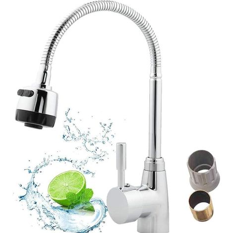 JOORRTRobinet d'eau chaude et froide réglable, robinet de cuisine, robinet de cuisine avec pulvérisateur extractible, rotation à 360°, 2 types de becs, avec écrou en plastique, adapté pour la cuisine  (1/5)