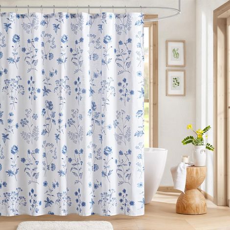 Rideau De Douche - Coton - Imprimé Botanique Floral - 180 x 180 cm - Bleu (1/5)
