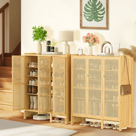 3 Rattan Door XL Shoe Cabinet Bamboo Wood Shoes Shelf Footwear Storage Organizer (1/5)