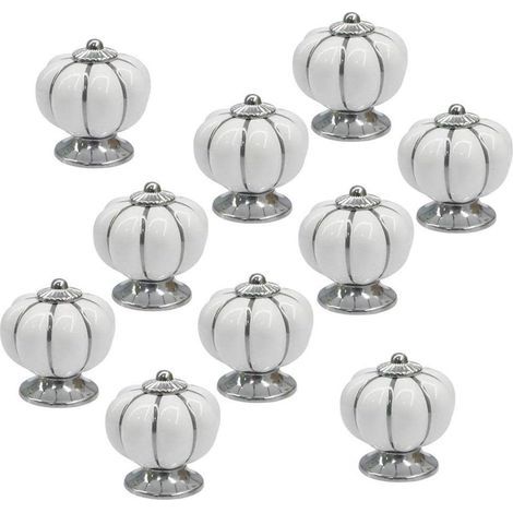 10 tiradores redondos de cerámica blanca con forma de calabaza para armarios y muebles, acabado cromado, para cajones y puertas. (1/5)