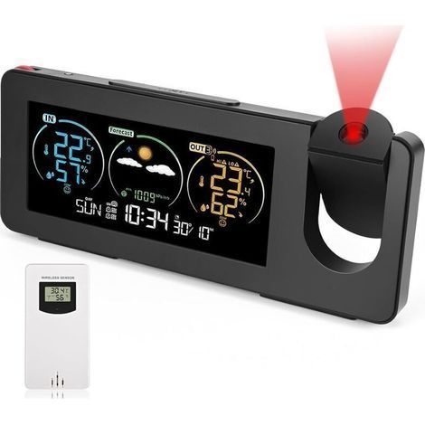 Station météorologique sans fil avec capteur extérieur, écran LCD, prévisions météorologiques,température,réveil avec fonction de répétition, station météo avec projection, pour intér (1/4)