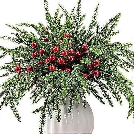 Purple Star - 45 petites branches de pin Norfolk de Noël avec tiges à baies rouges - 35,5 cm - Branches de pin Norfolk artificielles - Feuillage artificiel (1/4)