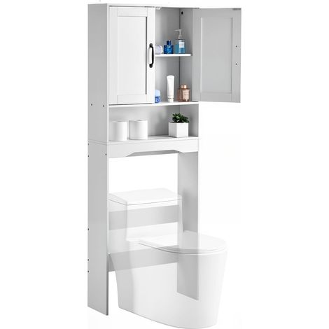 Meuble de Rangement WC Hauteur 165,1 cm, Rangement au Dessus des Toilettes ou Machine à Laver, avec Double Porte et Étagère Réglable Ouverte, Armoire de Salle de Bain Gain de Place, Blanc (1/5)