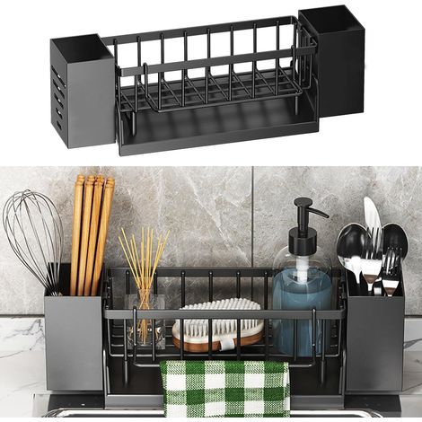 Support Eponge Evier Cuisine,Organisateur pour Éponges Organisateur pour Évier Organisateur pour Cuisine Comprend deux Porte-Baguettes pour Accessoires Éponges/Brosses/Porte-Savons (Noir) (1/5)