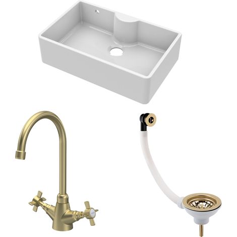 Fireclay Kitchen Bundle - 1 Bowl Butler Sink with Overflow & Ledge, Waste & Mono Tap - 795mm - Brushed Brass