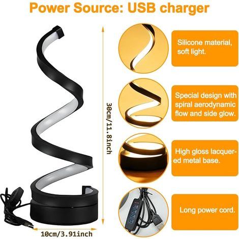 lampe LED en spirale pour chambre à coucher, lampe de bureau USB, trois couleurs à intensité variable, design torsadé minimaliste noire (2) (1/4)
