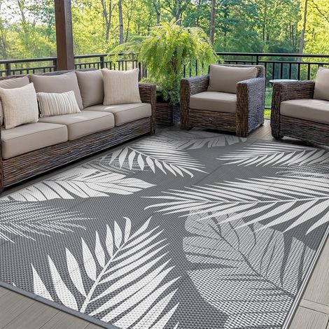 Outdoor Rug Rain Resistant, Reversible Recyclable UV Resistant Outdoor Terrace Mat, Outdoor Plastic Mat for Balcony, Garden, Camping, Barbecue, 180 x 275 cm, Grey (1/5)