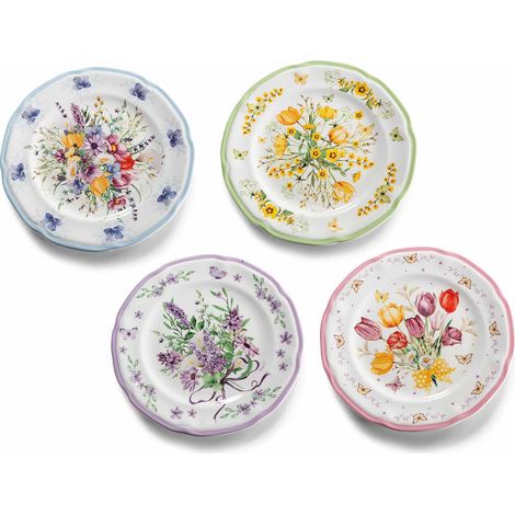 Assiettes contact alimentaire en porcelaine à décors floraux colorés, lot de 8, diam. 20 cm