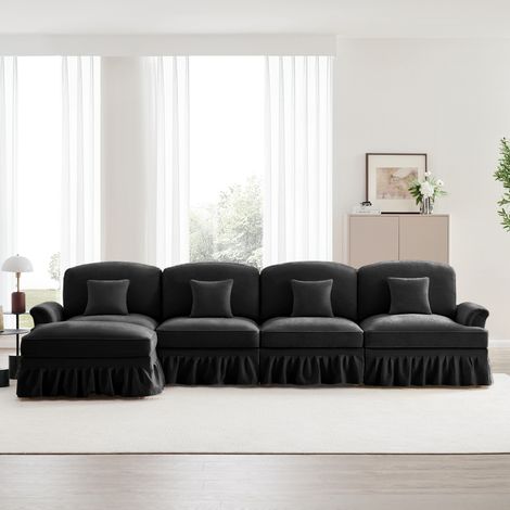 Divano angolare componibile a 4 posizioni, tessuto Ciniglia, stile Mid-Century Modern, poggiapiedi rimovibile e gonna arricciata, L 350 cm, Nero