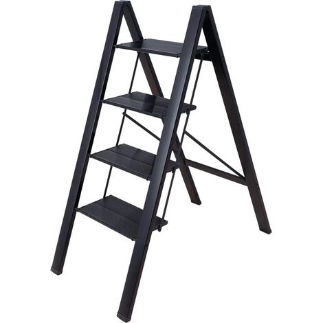 Marchepied 4 Marches Pliable Échelle Domestique Léger et Portable Antidérapant Escabeau en Aluminium Charge Maximale 135 kg Nultifonction pour Maison, Bureau, Cuisine, Noir (1/5)