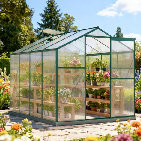 Invernadero de jardín 253x190x200 cm en aluminio verde con base, para huerto – MEUBLIV (1/5)
