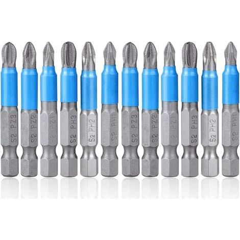 12-Piece Magnetic Phillips Head Screwdriver Bit Set, 50mm Hex Shank, Non-Slip, PH1, PH2, PH3, PZ1, PZ2, PZ3, for Electric Hand Screwdrivers (1/4)