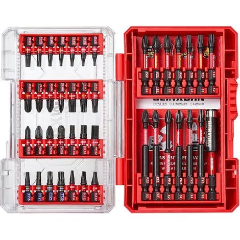 Coffret de 42 Embouts de Vissage en Acier S2 Magnétique, (TX-, TR-, PZ-, PH-, SL-, Hex-) Emoubut pour Tournevis Visseuse aux Chocs, Tige Hexagonale 1/4", et Porte-embouts avec Boîte de Rouge (1/5)