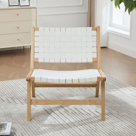 Fauteuil motif damier structure en bois coloris blanc surface tressée (1/5)