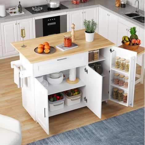 Carro de cocina 132.5x44x90 cm blanco y natural en MDF con encimera abatible y ruedas (1/5)
