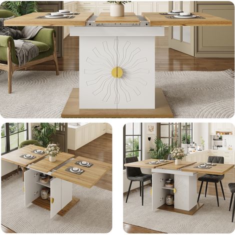 Table à manger, table de service pour la cuisine et le salon. Dimensions : 110(140) x 70 x 76 cm. Bois fini avec motifs de soleils. Grande capacité de rangement. (1/5)