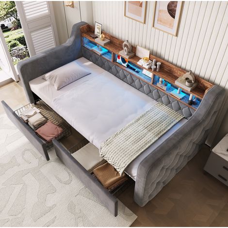 Lit capitonné 90x190 cm en velours gris foncé, avec rangement pour chambre FloraGrace (1/5)
