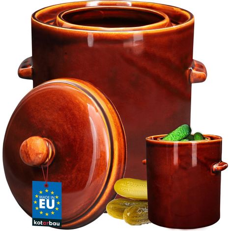 KOTARBAU® Pot a Choucroute 10 L - avec Couvercle et Rigole à Eau Pot Fermentation - Pot à Choucroute - Kimchi Pot - Jarre de Fermentation - Grès - Marron (1/5)