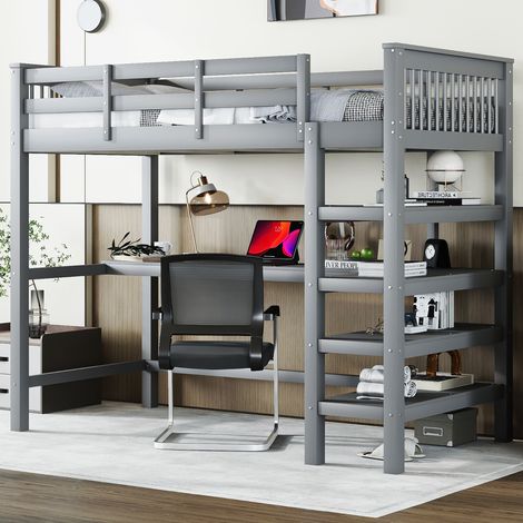 Lit mezzanine 90x200cm - Lit enfant avec bureau sous lit et échelles de rangement - sans matelas - gris (1/5)