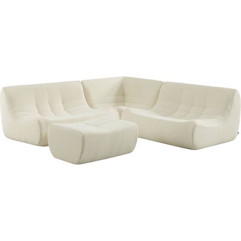 sweeek - Modulares 5-Sitzer Ecksofa mit strukturiertem Bouclé-Bezug und Hocker, Strukturiertes  Bouclé, Weiß